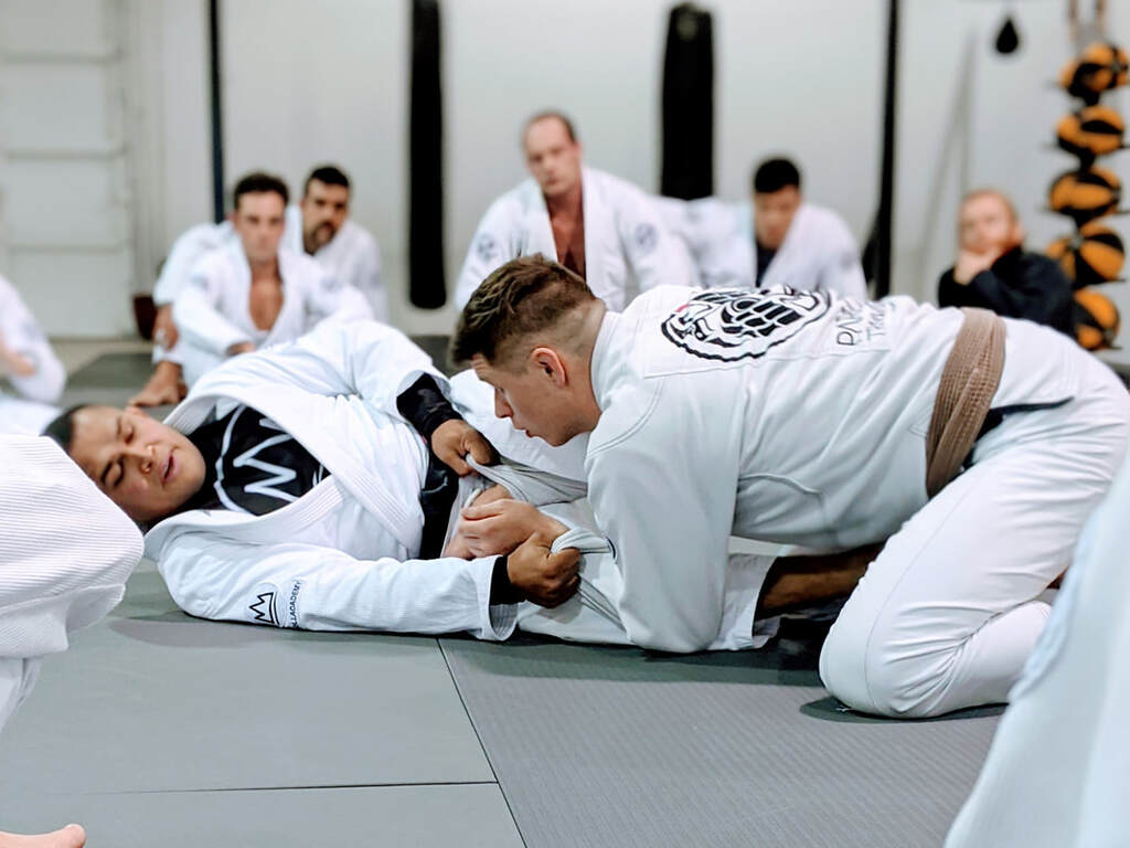 Filip Matos and Spence Shaw demonstrating a technique during Brazilian Jiu Jitsu and Black Belt Ceremony and Seminar